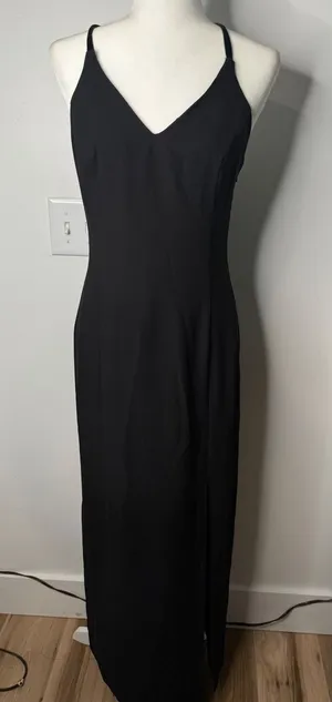Vintage Black Multi Strap Open Back V-Neck‎ Maxi Formal Evening Gown Slit Dress thumbnail 1
