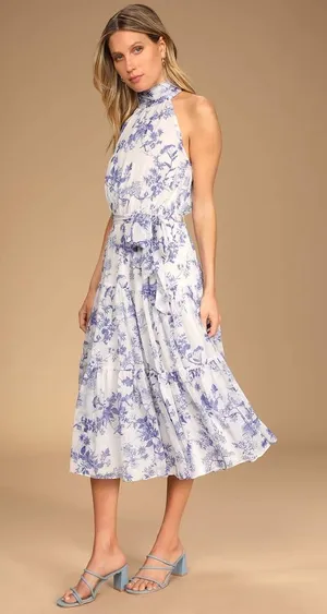 NWT Lulus Float to You White Floral Print Halter Tiered Midi Dress Cruise Size L thumbnail 1