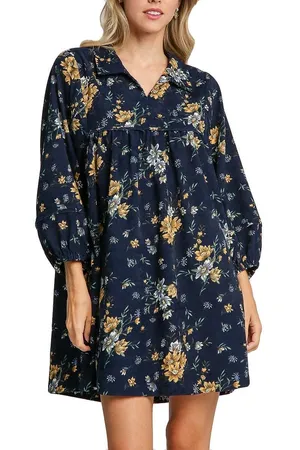 Umgee Floral Detail Collared V-Neck Corduroy Balloon Sleeve Dress Navy thumbnail 1