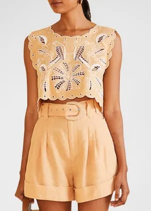Farm Rio Sand Richilieu Embroidery Sleeveless Crop Top Size M thumbnail 1