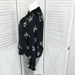J. Crew Floral Smocked Ruffle Trim Blouse Black‎ Tan Large thumbnail 2