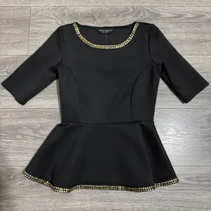 New Dorothy Perkins Black Peplum Top Gold‎ Studded Neckline Hem Women Size XS thumbnail 1