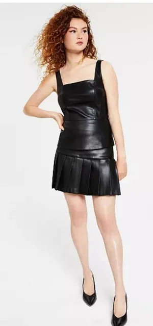 NWT Bar III Black Pleather Pleated Mini dress XXS thumbnail 1