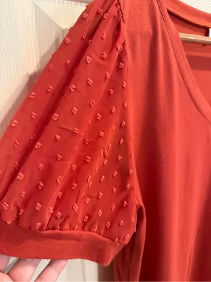 Women’s Orange V-Neck Swiss Dot Short Sleeve Tee thumbnail 3
