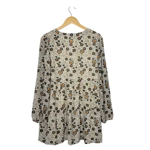 Melloday Babydoll Tunic Top Womens Size Small Tan Floral V-Neck Long Sleeve Boho thumbnail 2