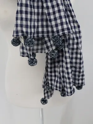 J.Crew Navy White Gingham Plaid Pom Pom Scarf 100% Cotton NWT Preppy Picnic thumbnail 3