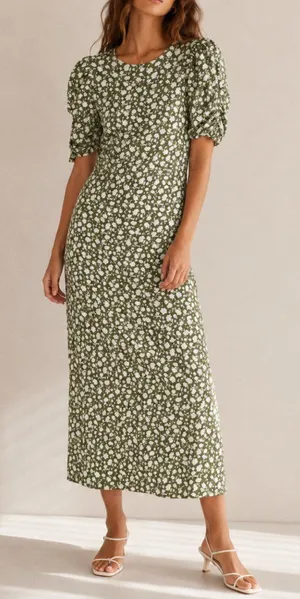 Free People Sage Green & White Floral Cutout Back Midi Dress S thumbnail 1