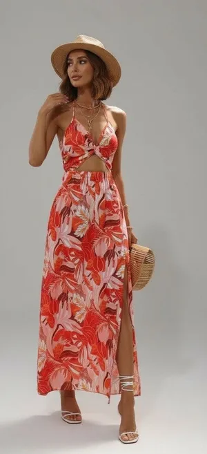 SheIn Woman’s Tropical Print twist-front Halter Maxi Dress XS thumbnail 1