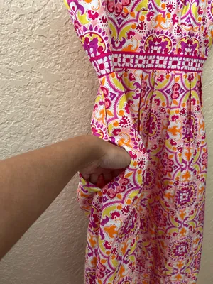 🩷 Maison Tara Medallion Print Midi Dress Size 4 Bright Pink Orange WITH POCKETS thumbnail 6