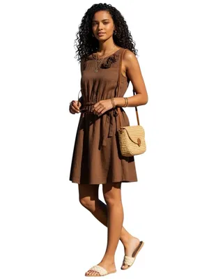 YA Los Angeles Bronze Brown Rosette Shoulder Mini Dress Medium Elastic Waist Tie thumbnail 3