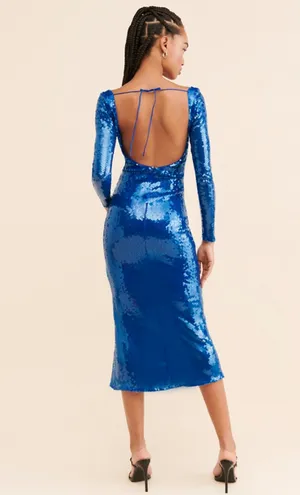 Bardot Verona long sleeve royal blue sequin slim midi dress thumbnail 2