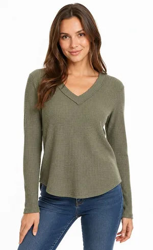 Altar'd State Olive Green Waffle Knit V-Neck Thermal Top XS thumbnail 1