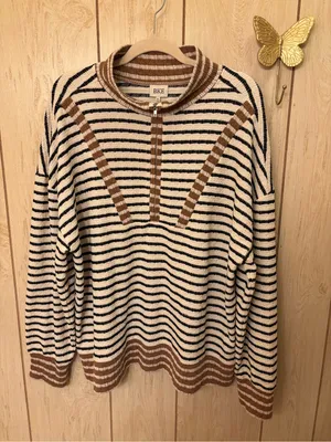 BKE Womwn’s Cream, Black & Brown Striped Half-Zip Sweater thumbnail 6