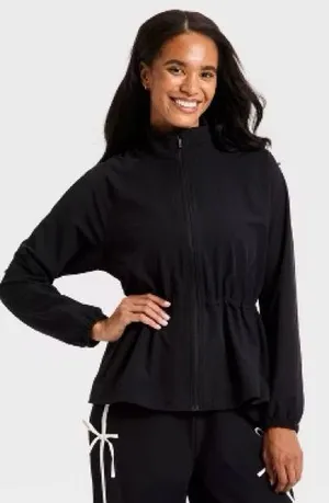 🖤VIVELY Black Running Jacket Full Zip Drawstring Waist Peplum🖤 ~medium 🆕 thumbnail 1