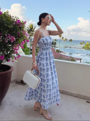 Abercrombie & Fitch Smocked Tie-Front Maxi Dress in Blue White Tile Stamp Medium thumbnail 2