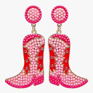 Beaded Cowgirl Boot Glitter Rhinestone Western Vibrant Pink Beaded Earrings thumbnail 1