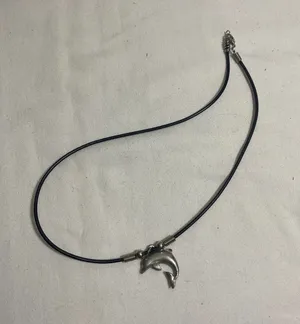 Dolphin Pendant Necklace Black Rubber Cord Silver Tone Ocean Marine 16" thumbnail 1