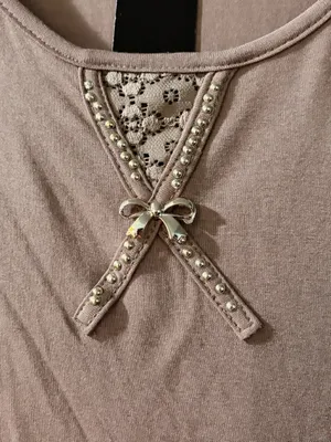 NWT Light Brown Lace Detail Embellished Stretch Knit Top thumbnail 3