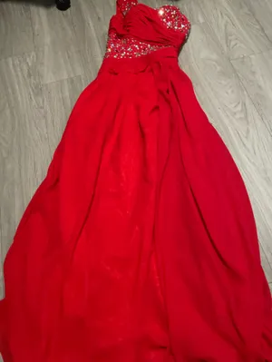 Strapless Red Embellished Prom Gown Size XXS thumbnail 1