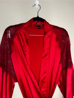 Victoria's Secret Red Satin Lace Chemise Slip Dress & Robe 2 Piece‎ Lingerie Set thumbnail 13
