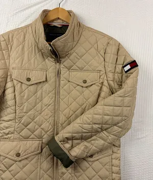Tommy Hilfiger Womens Large Tan Quilted Utility Barn Jacket Flag Patch Coat L thumbnail 1