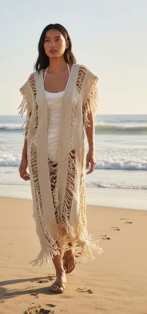 Oversized Fringe Beach Cover Tan thumbnail 1