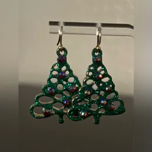 Glitter Christmas Tree Earrings Green Rhinestone Holiday Dangle Jewelry thumbnail 3