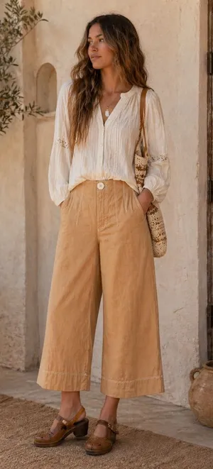 Zara TRF Super Wide Leg‎ High Rise Crop Tan Boho Trouser Pants thumbnail 1