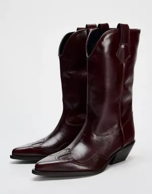 Zara burgundy leather western boots cowboy cowgirl boho ankle shoes thumbnail 1