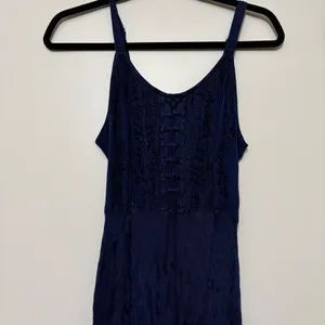 Under One Sky Navy Embroidered Boho Maxi Dress Lace Up‎ Smocked Back Ruffle Hem whimsygoth thumbnail 2