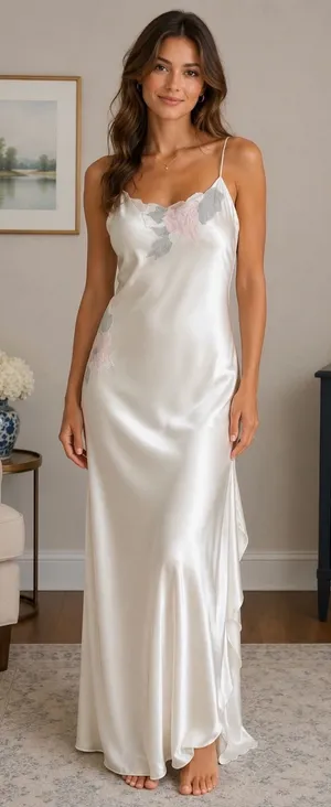 Deena‎ Vintage Cream Satin Floral Embroidered Maxi Nightgown Slip Dress Small thumbnail 1