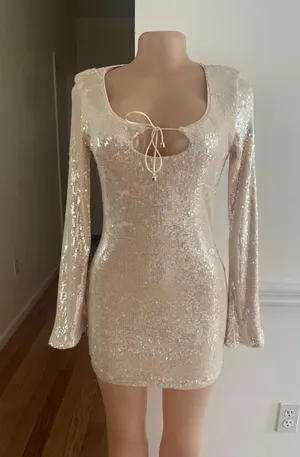 Women's Long Sleeve Sequin Mini Shift Holiday Dress - Wild Fable™. thumbnail 3