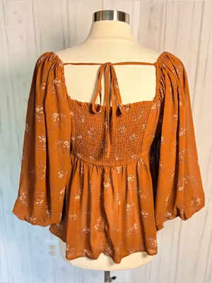 EASEL 3/4-Balloon Sleeve Floral Babydoll Style Blouse, Medium, Amber Cottagecore thumbnail 7