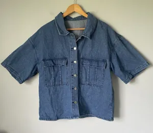 Oversized Denim Button Up Top Boxy Fit Cotton Blend Blue Women's Size Large thumbnail 1