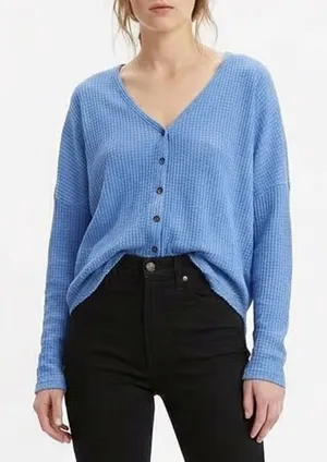 Out From Under Cardigan Sweater Womens L Blue Stretch Waffle Knit Drop Shoulder thumbnail 1