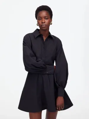 NWT Madewell Cotton Poplin Mini Shirt Dress Black Balloon Sleeve Size 2 thumbnail 2