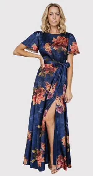 NWT Baltic Born Maxi Dress Blue Colina Satin Floral Flutter Side Slit Medium thumbnail 1