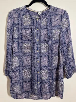 Anthropologie Lavender and Navy Paisley Button-Front Blouse thumbnail 1