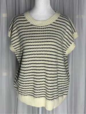 Striped Cream & Black Short-Sleeve Knit Sweater Size M thumbnail 3