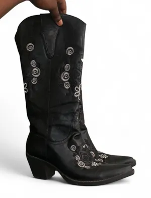 Black White Embroidered Floral cowboy western boho leather boots pointed toe mid calf #hippie #indie #gothic #fairycore-US Women 6 thumbnail 1