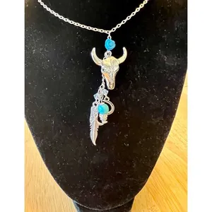 Women's Antique Look Silver Tone Pendant Necklace‎ with Charms, Cow Skull NEW thumbnail 2