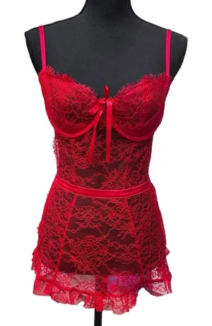 Victoria's Secret Sheer Lace Unlined Babydoll Top Bra Size Large Floral Red Sexy thumbnail 1