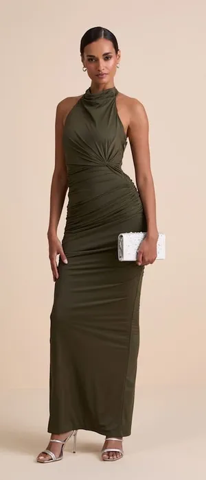 NWT Lulus Seraiah Olive Green Knotted Ruched Halter Maxi Dress Bridesmaid Size S thumbnail 1