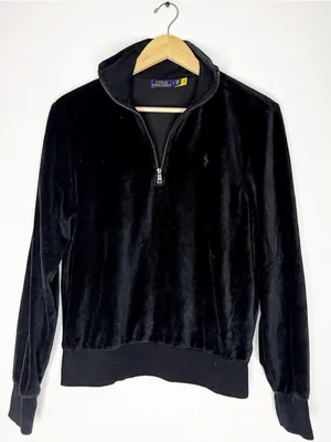 Polo Ralph Lauren Quarter Zip Pullover Black Velour Size Small thumbnail 4