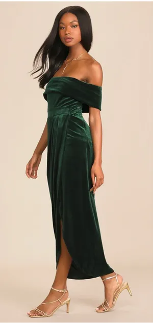 Lulus I'm Enchanted Emerald Green Velvet Off-the-Shoulder Maxi Dress thumbnail 1