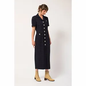 Jessica Howard Vintage 80s 90s Navy Blue Grid Plaid Abalone Button Midi Dress thumbnail 6