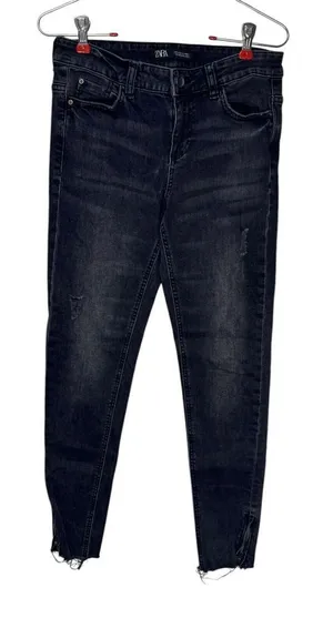 Zara Women's Jeans Ankle Zip Raw Hem Mid-Rise‎ Denim Fading Stretch Black Sz. 2 thumbnail 1