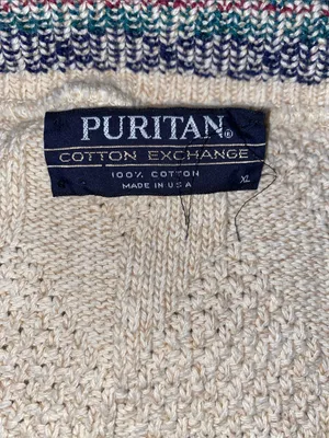 Puritan Cotton Cream Cable Cardigan with Blue Trim and Teal Accents Oversized thumbnail 2