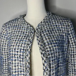 NEW Ann Taylor Blue Tweed Glitter Open Front Fringe Blazer Jacket Preppy Office thumbnail 5