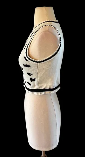 Crop Sweater White Black V Neck Lightweight Womens Small thumbnail 3